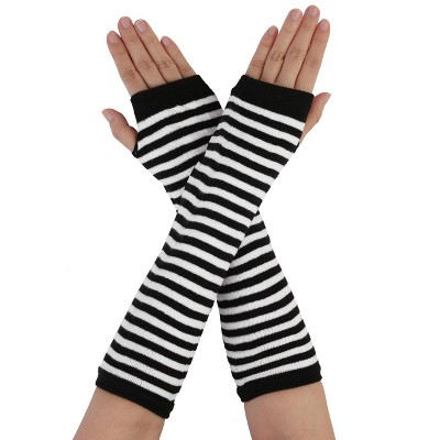 Unique Bargains Women's Long Stripe Thumbhole Fingerless Gloves Elbow Arm Warmers
