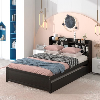 CAVINAS Full Size Platform Bed with Trundle,Modern Bed Frame with Bookcase for Bedroom,No Box Spring Needed