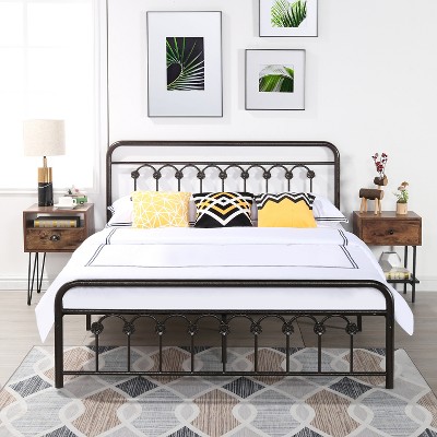 VECELO Full Size Metal Platform Bed Frame with Headboard & Footboard, Mattress Foundation with Steel Slat Support, Bronze Color