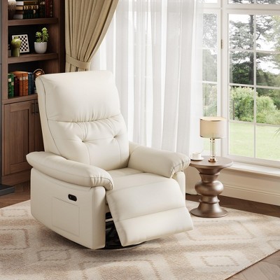 GustoWave Power Recliner Chair, PU Leather Swivel Rocker Recliner with Ports, Upholstered Nursery Glider Reclining Sofa Chair, Beige