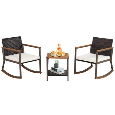 Tangkula 3PCS Patio Rattan Rocking Chair Bistro Set Armrest Cushion Table w/ Storage Shelf