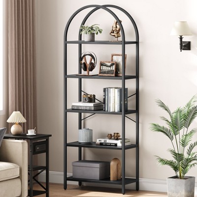 5 Tier Open Bookshelf, Industrial Arched Bookcase Display Shelf Racks, Wooden Bookcase Storage Shelves Metal Frame, Tall Storage Organizer, Black