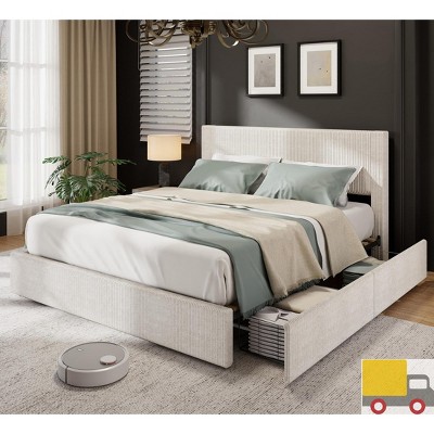 Jojoka Platform Bed with 4 Storage Drawers and Upholstered Channel-Tufted Corduroy Wingback Headboard – No Box Spring Required