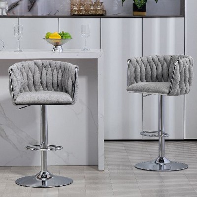 Kumasinova Adjustable Counter Height Bar Stools Set of 2, 360° Swivel Bar Stools with Woven Back & Footrest, Silver Chromed Bar Stools