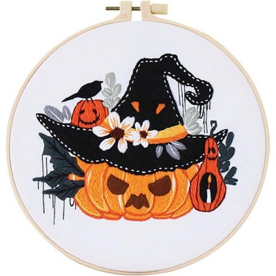 Embroidery Starter Kit, Halloween Stamped Cross Stitch Kits with Embroidery Fabric, Embroidery Hoops, Threads and Needles for Beginners