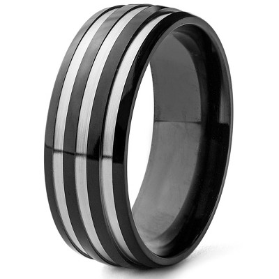 West Coast Jewelry Men's Brushed and Polished Striped Black Plated Titanium Ring