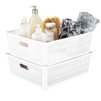 Simplify 2pk Large Slide and Stack Storage Shallow Totes White: Polypropylene Sliding Bins, Decorative Storage, 975 Volume