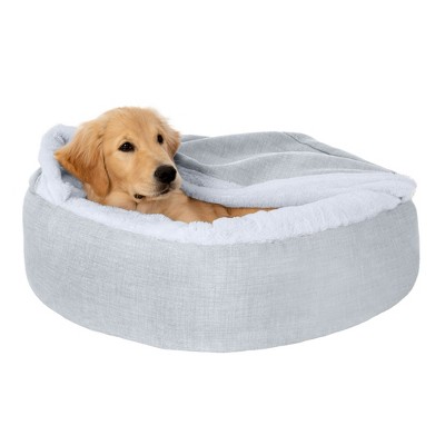 FurHaven Plush & Performance Linen Hooded Donut Pet Bed for Dogs & Cats