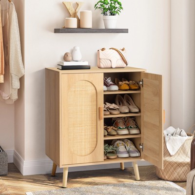 KTMBDW Rattan Shoe Cabinet,33" H Tall Sideboard Storage Cabinet with Crafted Rattan Front,Entryway Shoe Cabinet Wood 2 Door Accent Cabinet for Hallway