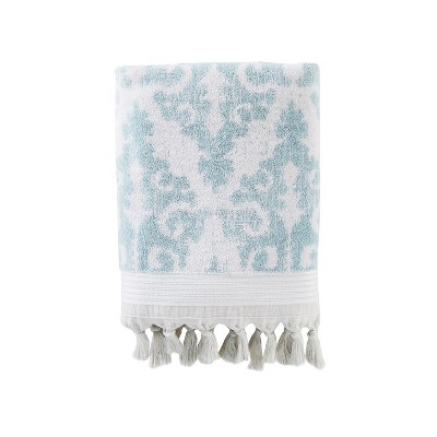 Mirage Fringe Bath Towel Aqua - SKL Home: Heavyweight Cotton, Geometric Jacquard, Reversible