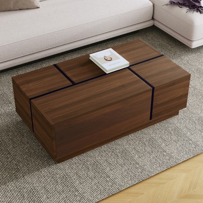 Modern Coffee Table Sliding Top Cocktail Table Center Table with 2 Drawers and 2 Storage Compartments, White/Walnut-ModernLuxe