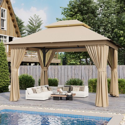 Aoxun 10x12 Outdoor Gazebo with Double Roof, Mosquito Netting & Curtains, Heavy Duty Steel Frame Party Tent for Patio, Backyard, Deck, Lawn ¨C Beige