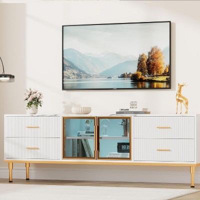 65 Inch TV Stand with LED Lights, Modern Aluminum Alloy TV Cabinet, Glass Doors, Wave Pattern, 4 Drawers, TV Console for 55/65/75 Inch TVs