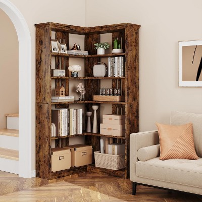 Coucheta 72" L-Shaped Corner Bookshelf, 5-Tier Farmhouse Style Storage Shelf with Anti-Tip Design, for Living Room/Office, half/full back panel