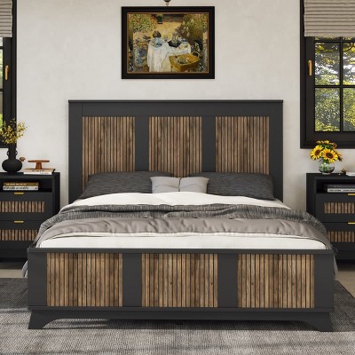 Full Size Farmhouse Platform Bed with Frame, Rustic Wooden Slat Panel Design and Sturdy Plywood Support System-Maison Boucle