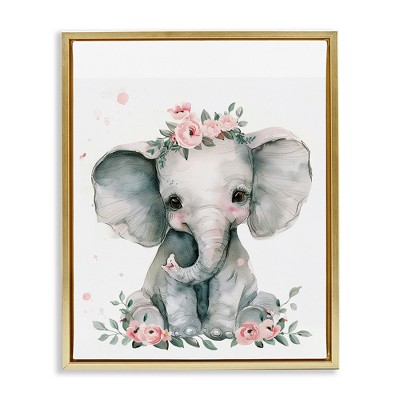 Stupell Industries Nursery Floral Elephant Floating Frame Canvas Art