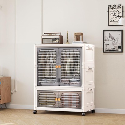 Plastic Stackable Collapsible Storage Bins Containers with Doors, Wheels And Hanging Rods Organizers Cabinet for Home Office Grey