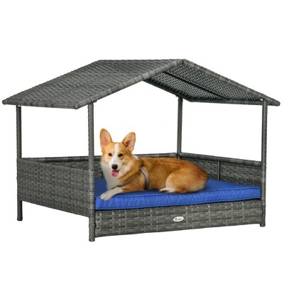 UbMelt Dog Bed Outdoor Pet Bed for Small Dogs Rattan Dog House with Canopy and Water-resistant Cushion, Modern Pet Furniture for Puppies
