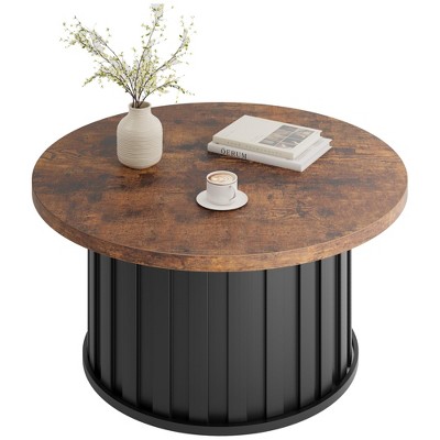 Round Coffee Table, Mid Century Modern Coffee Table with Metal Base, 31.9" Fluted Center Table for Living Room, Home Small Space, Apartment