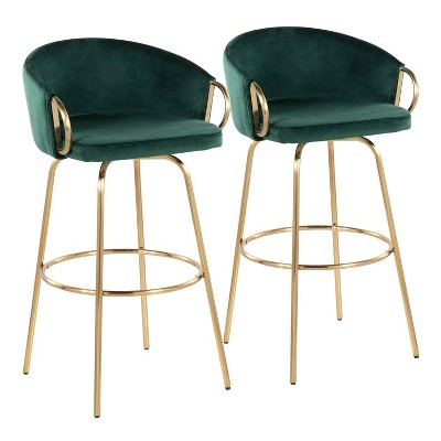 LumiSource Set of 2 Claire Bar Stool Gold/Green Velvet