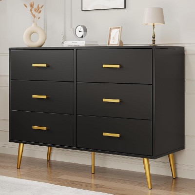 Modern 6 Drawer Dresser with Storage Space, Wooden Dresser with Gold Handles, Chest Dresser with Deep Drawers for Bedroom, Living Room, Office