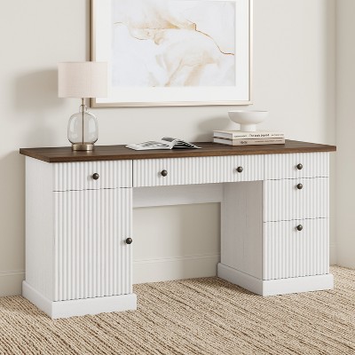 Garvee 60" Modern Executive Desk Storage, Fluted Home Office Desk with Charging Station, Wooden Computer Desk with File Cabinet & Drawers