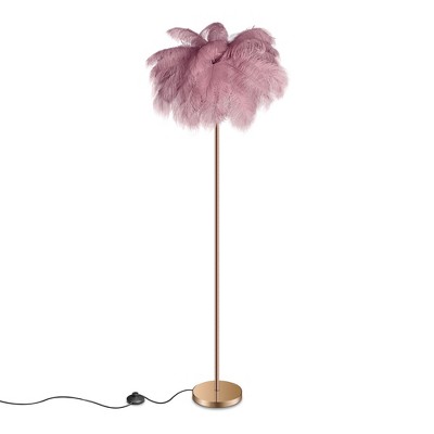EasyinBeauty Natural Ostrich Feather Floor Lamp with Foot Switch, Cozy Lighting for Girl Bedroom, Reading Corner - Bean Paste Pink