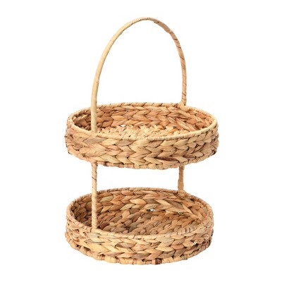 Household Essentials 2 Tier Tray Water Hyacinth: Round Decorative Basket Tray, Multicolored, Spot Clean, 14.96" Height