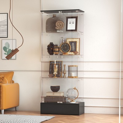 Famapy Black 2-Door 1-Drawer Glass Storage Cabinet  Modern Display Unit Bookshelf Curio