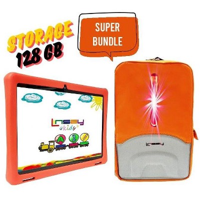 LINSAY 10.1"Octa Core 128GB Storage Android 15 Tablet with Yellow Kids Defender Case, Earphones and LED Back Pack Yellow