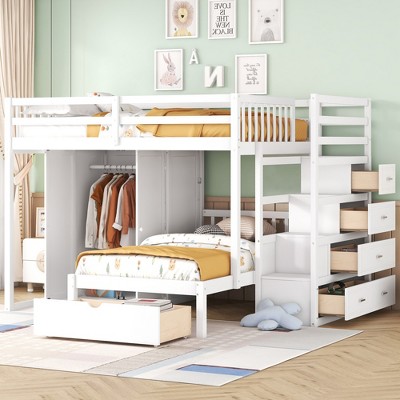 TIRAMISUBEST Full Over Twin L-Shaped Bunk Bed with Wardrobe and 5 Storage Drawers, Wooden Bunk Bedframe with Steps and Guardrails