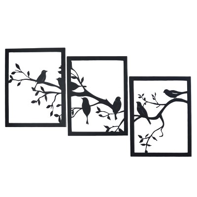 VIP Metal 17.19 in. Black Bird on Branch Wall Decor Set of 3