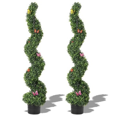Artificial Boxwood Spiral Topiary Trees, 2 Pack Faux Plants with Simulation Decor for Indoor Outdoor Garden Porch, Easy Assembly, Green
