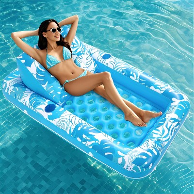 Sloosh Pool Tanning Adult Pool Float Inflatable Pool Lounger with Blue Leaf Design - Cozy, Trendy, and Perfect for Relaxation