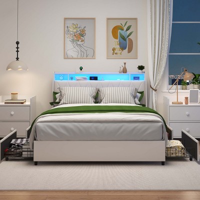 ORRD Queen Bed Frame with Ergonomic Headboard, Outlets, LED & Storage