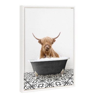 18"x24" Sylvie Beaded Highland Cow in Black and White Stencil Bath Framed Canvas by Amy Peterson White - Kate & Laurel All Things Decor