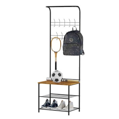 Hasting Home Entryway Bench with Coat Rack – Metal Hall Tree with Seat, Hooks, and Shoe Storage