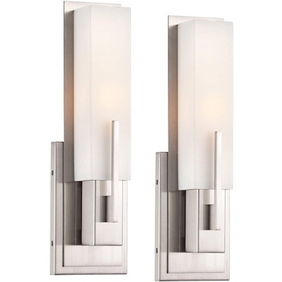 Possini Euro Design Midtown Modern Wall Light Sconces Set of 2 Satin Nickel Hardwire 4 1/2" Fixture White Glass for Bedroom Bathroom Vanity Reading