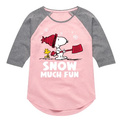 Girls' - Peanuts - Snoopy and Woodstock Snow Much Fun Shirt Tail Raglan Graphic T-shirt