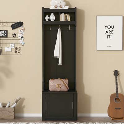 CLIHOME Minimalist Slim Hall Tree with Cabinet & 6 Hanging Hooks, Multi-functional Storage Bench with Coat Rack, Elegant Foyer Cabinet