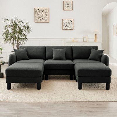 Boucle Fabric U-Shaped Sectional Sofas with Shell-Shaped Armrests & 2 Movable Ottomans, Cylindrical Wrapped Legs
