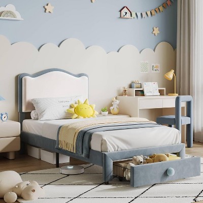 Kids Noise-Free Platform Bed Frame–With Headboard & Storage Drawer,Easy Assembly, Children Bedroom Furniture