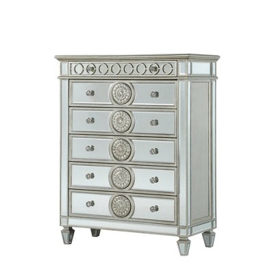 44" Varian Chest Mirrored - Acme Furniture: Glam Bedroom Storage, 5 Drawers, Silver Trim