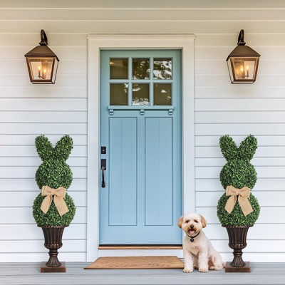 39 inch Artificial Bunny Shaped Topiary Tree With Classic Planter Pot Rabbit UV-Resistant Bowknot Faux Boxwood Topiaries Plant Simulated Insect Decor