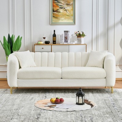 85" Modern Comfy 3 Seater Couch with Gold Metal Legs, Teddy Fabric Deep Seat Sofa for Apartment or Living Room - Cuddlewood