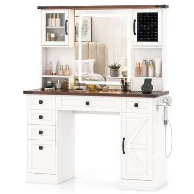 Tangkula Farmhouse Vanity Desk w/ Lighted Mirror Makeup Vanity Table w/ 3 Doors