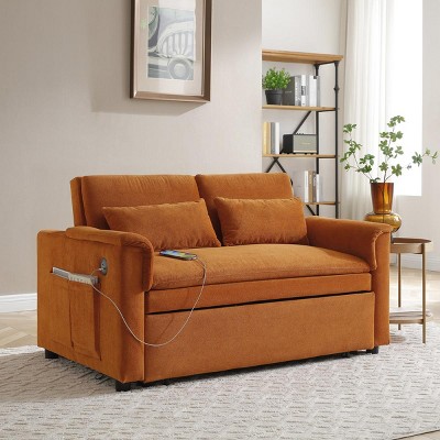 Modern Sleeper Sofa with USB Ports and Storage Pockets for Living Room – 3-in-1 Convertible Velvet Loveseat Bed -3irtyhousy