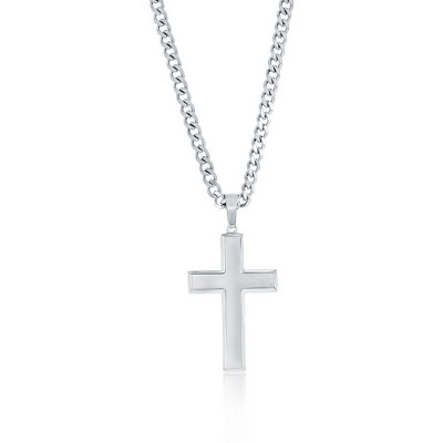 Metallo Mens Stainless Steel Polished Cross Necklace - Silver - 24 Inch