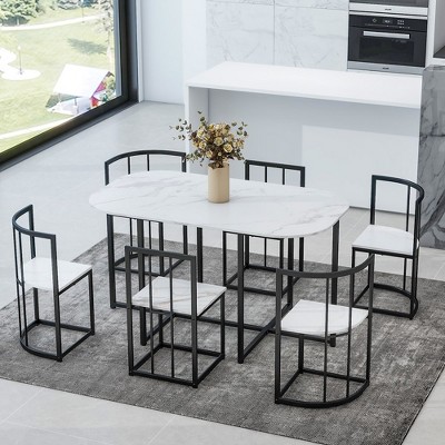 33.27"Modern 7-Piece Dining Table Set with Faux Marble Compact 55Inch Kitchen Table Set for 6