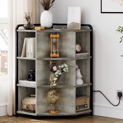 Wooden Corner Cube Storage, 9 Cube Corner Bookshelf, Metal Frame Corner Toy Storage for Playroom, Living Room, Bedroom, Grey